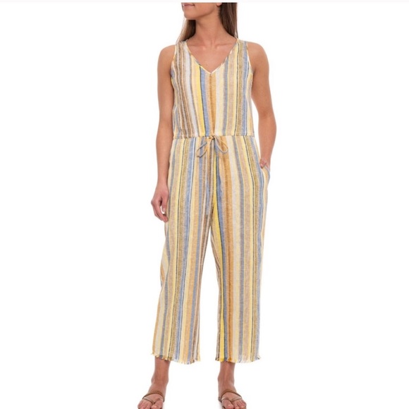 DREW Anthropologie Yellow Blue Stripe Jumpsuit L - Picture 2 of 10